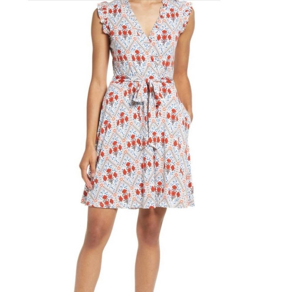 Boden Poppy Bloom Floral Ruffle Trim Faux Wrap Dress Women’s size 10 Long